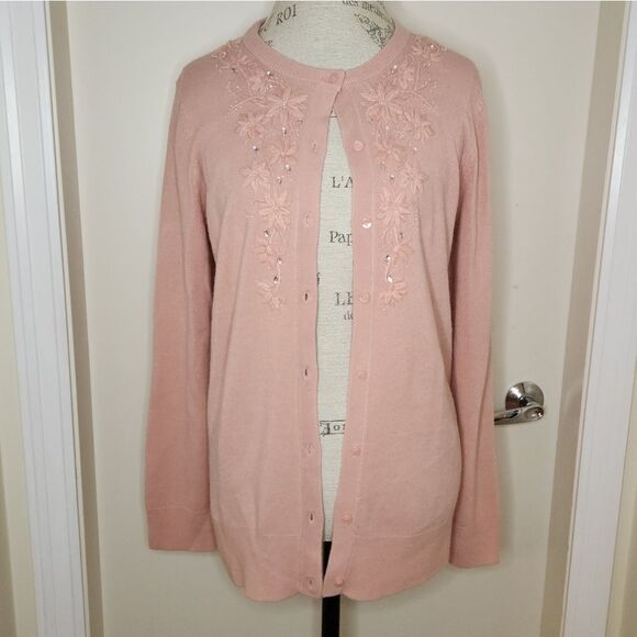 Pink Cardigan Beaded Floral Embroidery - Picture 1 of 9